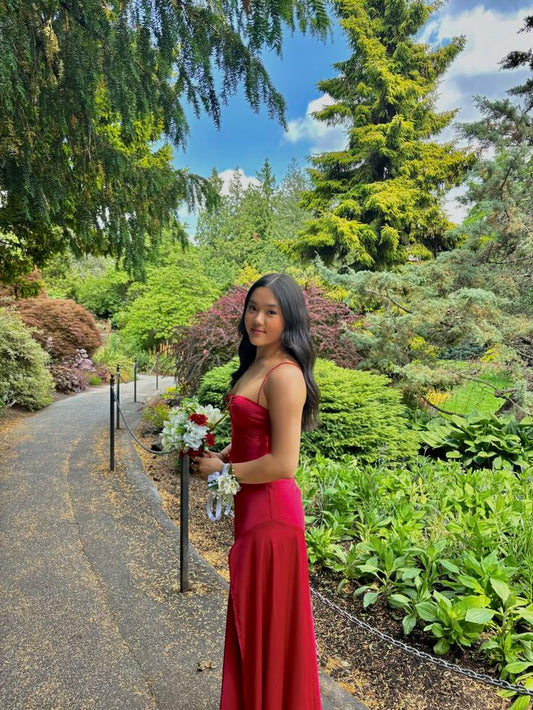 Simple Mermaid Spaghetti Straps Red Satin Long Floor Length Prom Dress Inspiration Prom Dresses AB119