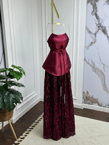 Vintage A Line Strapless Burgundy Satin Floor Length Prom Dress Lace Inspiration Long Prom Dresses B386