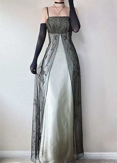 Prom Dress A Line Spaghetti Straps Vintage Green Satin Black Tulle Floor Length High School Graduation Party Dress RC1042
