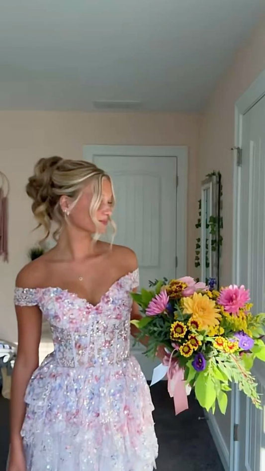 Modest Homecoming Dresses Outfit inspo A Line Off The Shoulder White Sequin 16th Birthday Cocktail Ideas Outfits RB8187