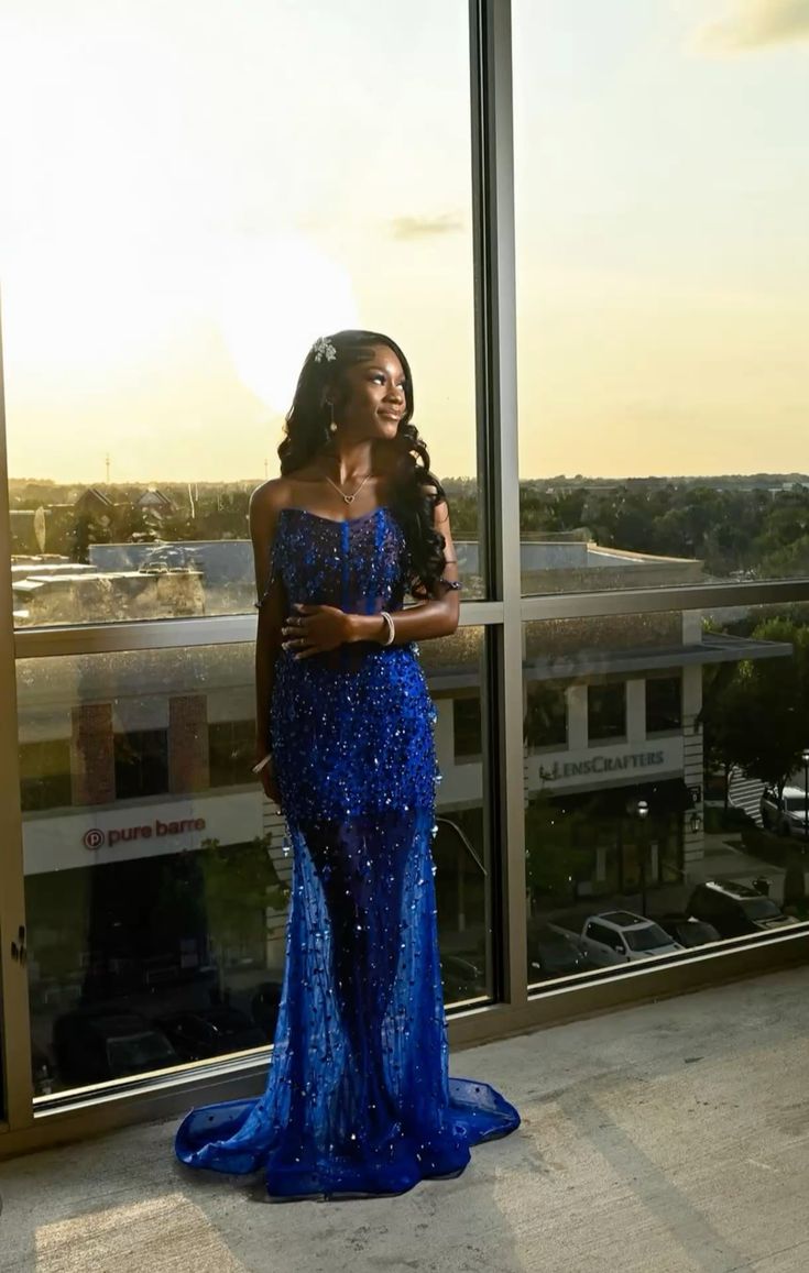 Elegant Mermaid Sweetheart Sequin Royal Blue With Beaded Prom Dresses For Teens Formal Dress 18th Birthday Outfits RC1026