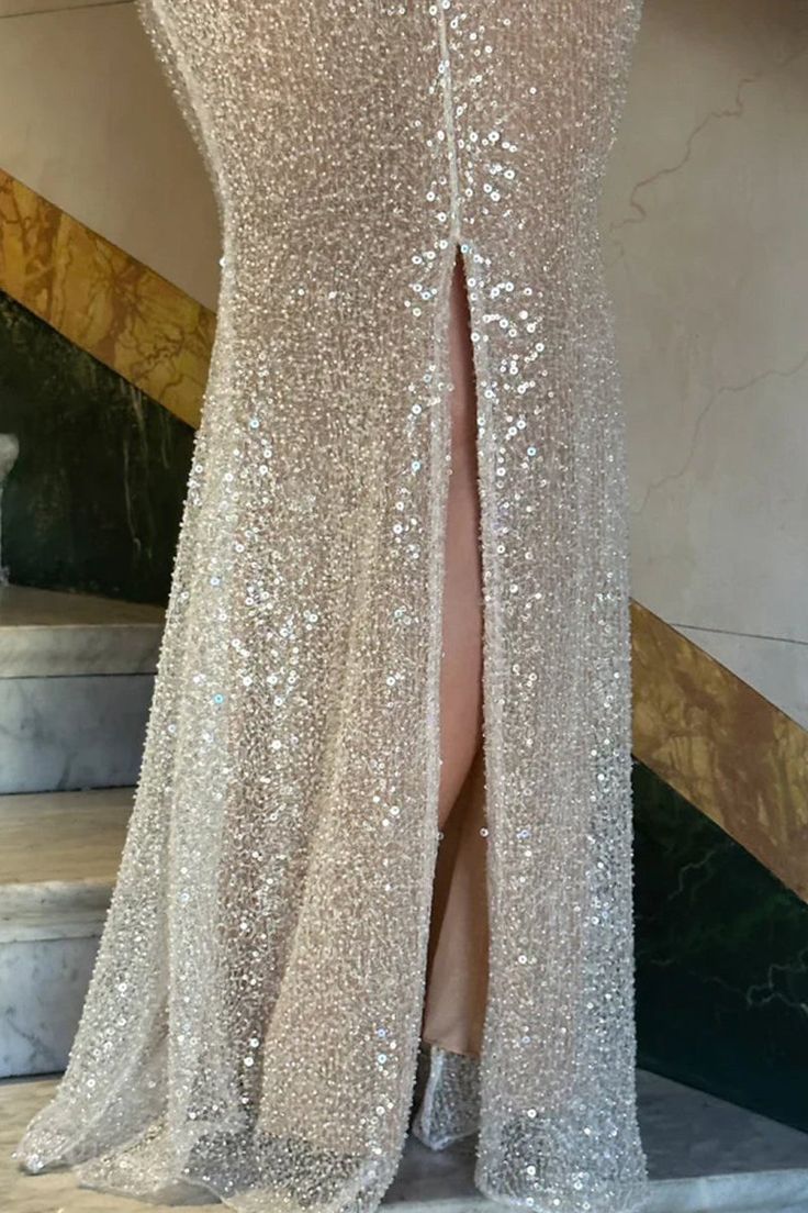 Simple Pink Mermaid Straps Sequin Prom Dresses With Split AB1593