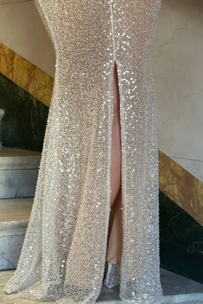 Simple Pink Mermaid Straps Sequin Prom Dresses With Split AB1593