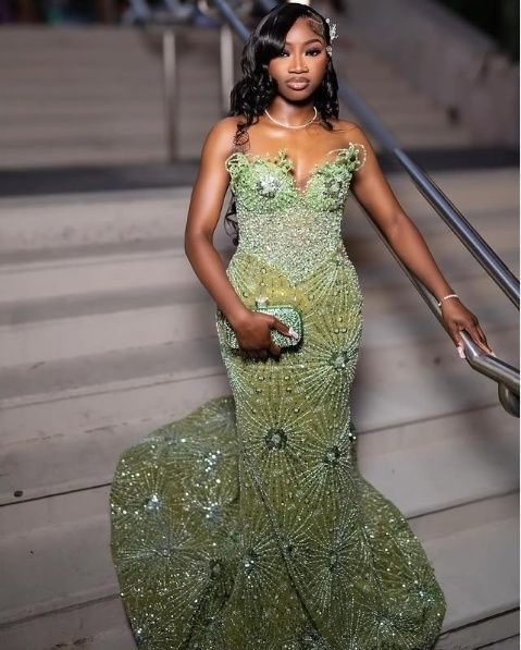 Green Mermaid Long Evening Gown Shinny Prom Dress Inspiration Party Gowns Princess Formal Dress N779
