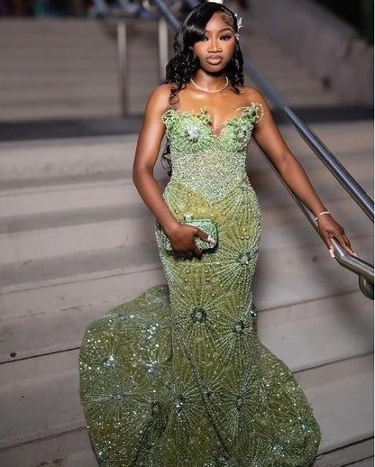 Green Mermaid Long Evening Gown Shinny Prom Dress Inspiration Party Gowns Princess Formal Dress N779