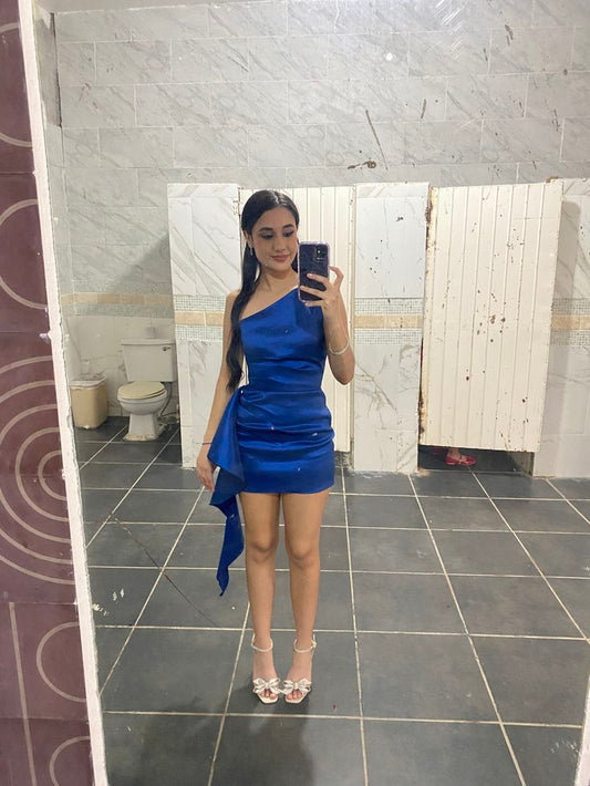 Minimalist Sheath One Shoulder Royal Blue Satin Semi-formal 12th Grad Inspo Short Mini Homecoming Dresses RB4587