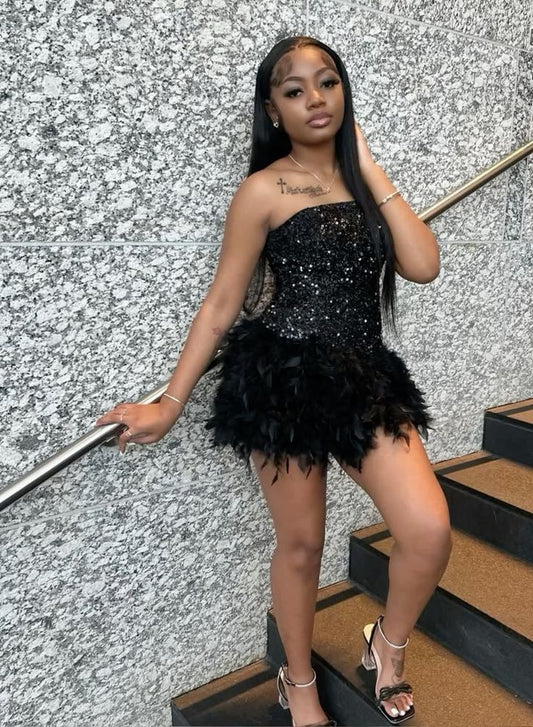 Glittery Sheath Strapless Little Black Dress Sequined Short Mini Corset Fitted High Shool Grad Hoco Outfit Homecoming Dresses RB4588