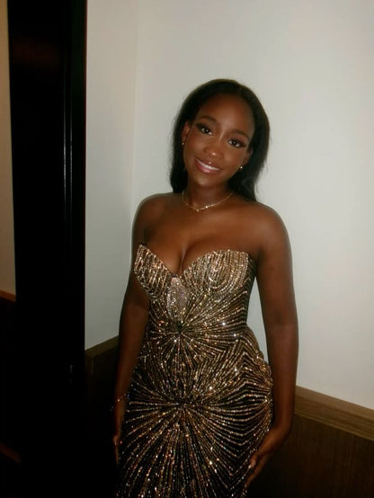 Sparkly Mermaid Sweetheart Black Gold With Beaded Bodice Long Prom Dress For Black Girls Evening Dresses N640