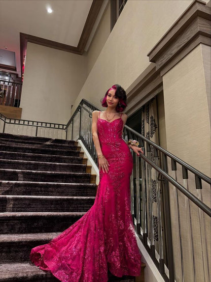Glitter Mermaid Prom Dress Women Hot Pink Sequins Long Formal Dance Evening Party Gowns AB1716