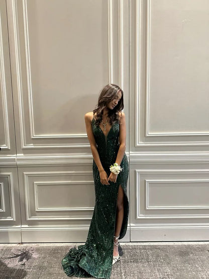 Beautiful Mermaid Spaghetti Straps Dark Emerald Green Sequin Slit Long Prom Dresses Inspiration Prom Gown RB1304