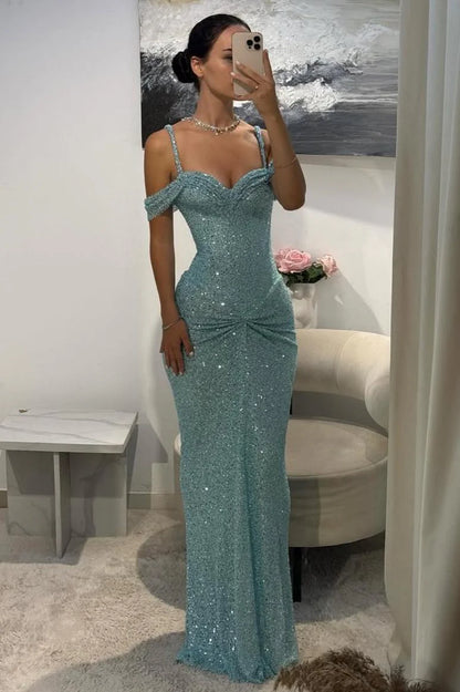 Blue Sequins Party Dress Off the Shoulder Sleeveless Prom Dress Evening Dress AB1555