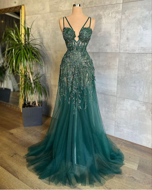Modest Mermaid Spaghetti Strap Emerald Green Tulle Prom Dresses Long Sweet 16 Birthday Party Dress Evening Dresses AB1166