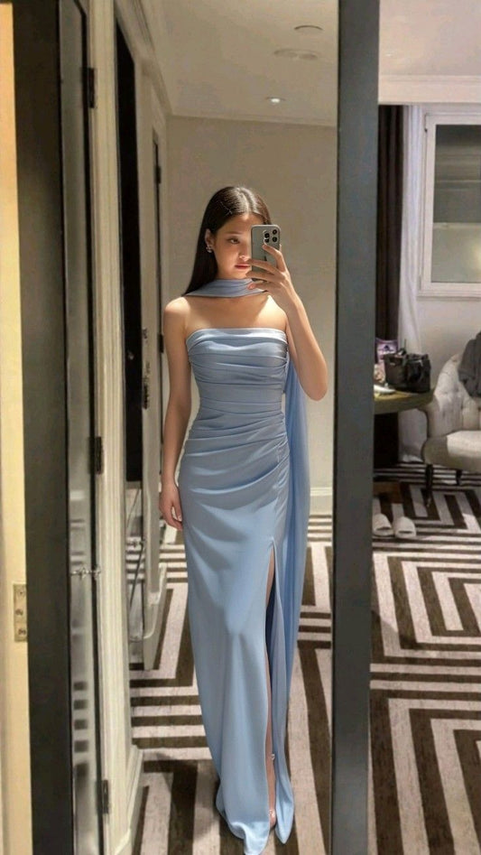 Charming Sheath Strapless Light Sky Blue Slit Long Prom Dresses Evening Outfits Formal Dress N1028
