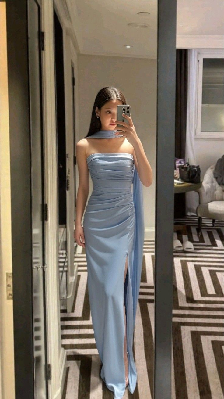 Simple Mermaid Strapless Blue Satin Long Beach Spring Summer Garden Inspiration Wedding Party Guest Dresses N2300