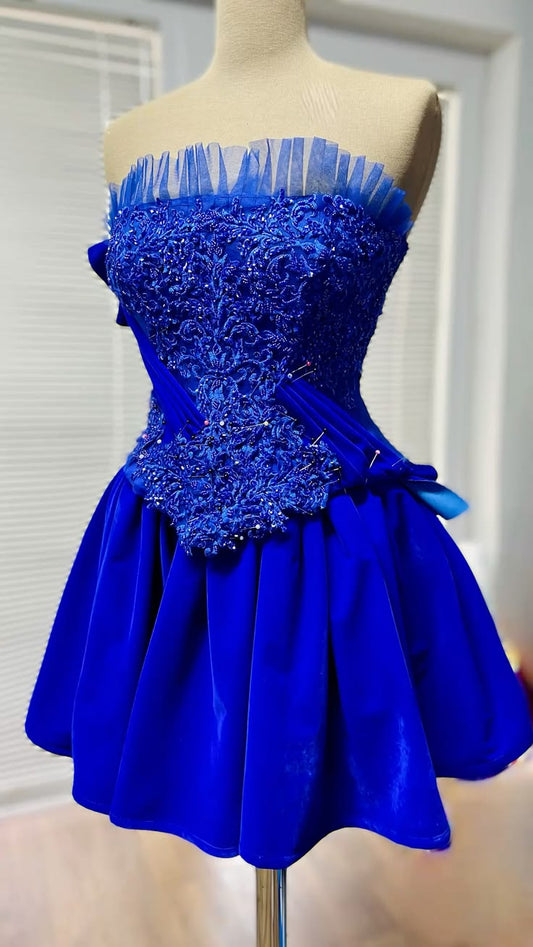 Cute A Line Strapless Royal Blue Chiffon With Beading Matric Mini Graduation Hoco Dresses Short Senior Homecoming Outfits RB3653
