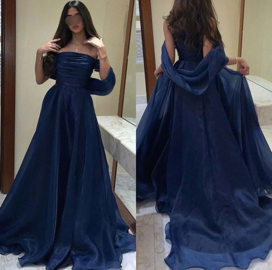 Modest Navy Blue Organza A-line Evening Prom Dresses Long Formal Party Gowns AB696