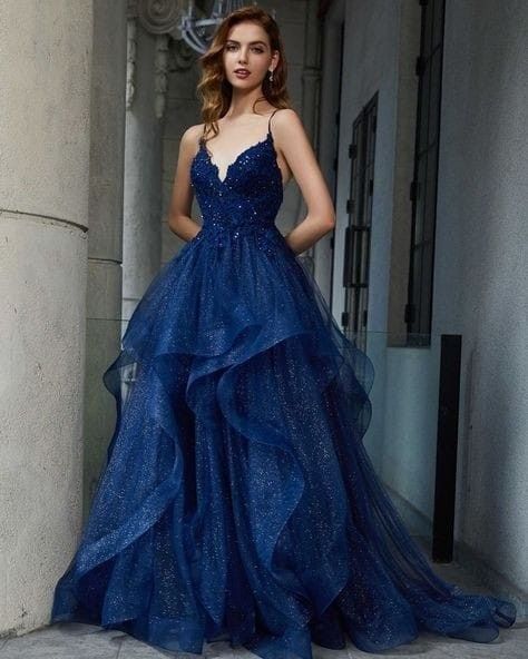 Modest Ball Gown Spaghetti Strap Navy Blue Lace Tulle Prom Dresses Long Sweet 16 Birthday Party Dress Evening Dresses AB1164