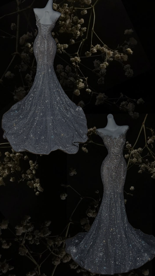 Dreamy Mermaid Scoop Neck Silver Sequin Long Wedding Dress Fairy Formal Sparkly Wedding Dresses B75