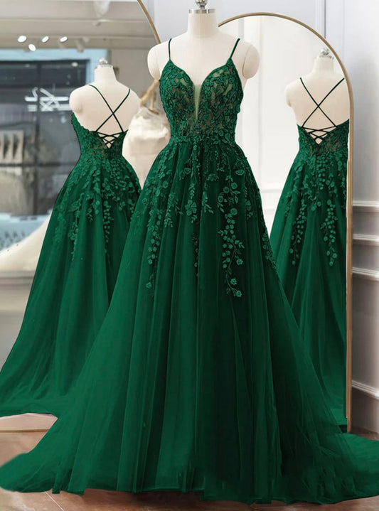 Modest Ball Gown Spaghetti Strap Emerald Green Lace Tulle Prom Dresses Long Sweet 16 Birthday Party Dress Evening Dresses AB1165