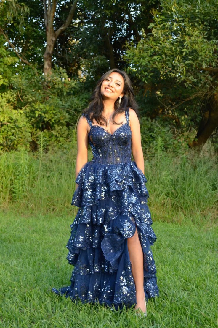 Special Ball Gown Sweetheart Strap Dark Navy Blue Lace With High Slit Sleeveless Long Prom Dresses Inspo Prom Gown AB1031