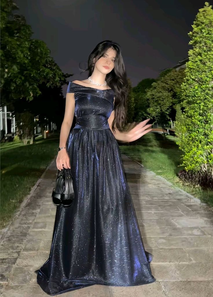 A Line Dark Navy Off-The-Shoulder Long Train Prom Dress Inspo Prom Gown AB1033