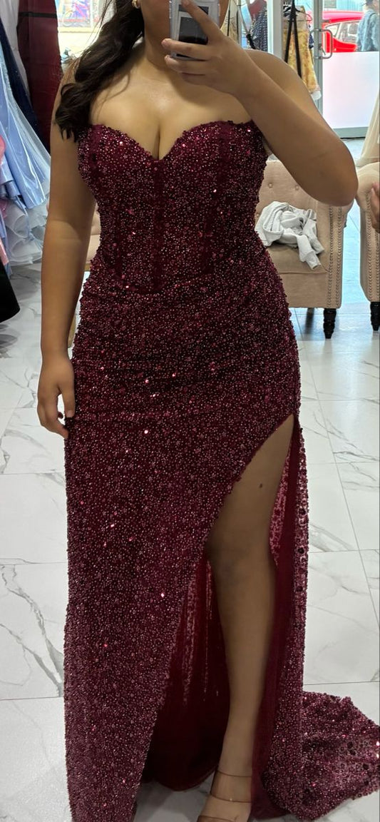 Sparkly Mermaid Sweetheart Burgundy Prom Dresses For Plus Size Black People Girls Sequin Slit Crystals Long Formal Evening Party Gown N823