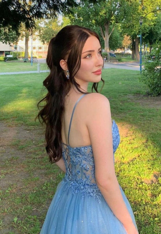 Modern A Line Spaghetti Straps Blue Tulle Prom Dress Fashion Aesthetic For Teens Formal Dresses Party Outfits Prom Gown AB1142