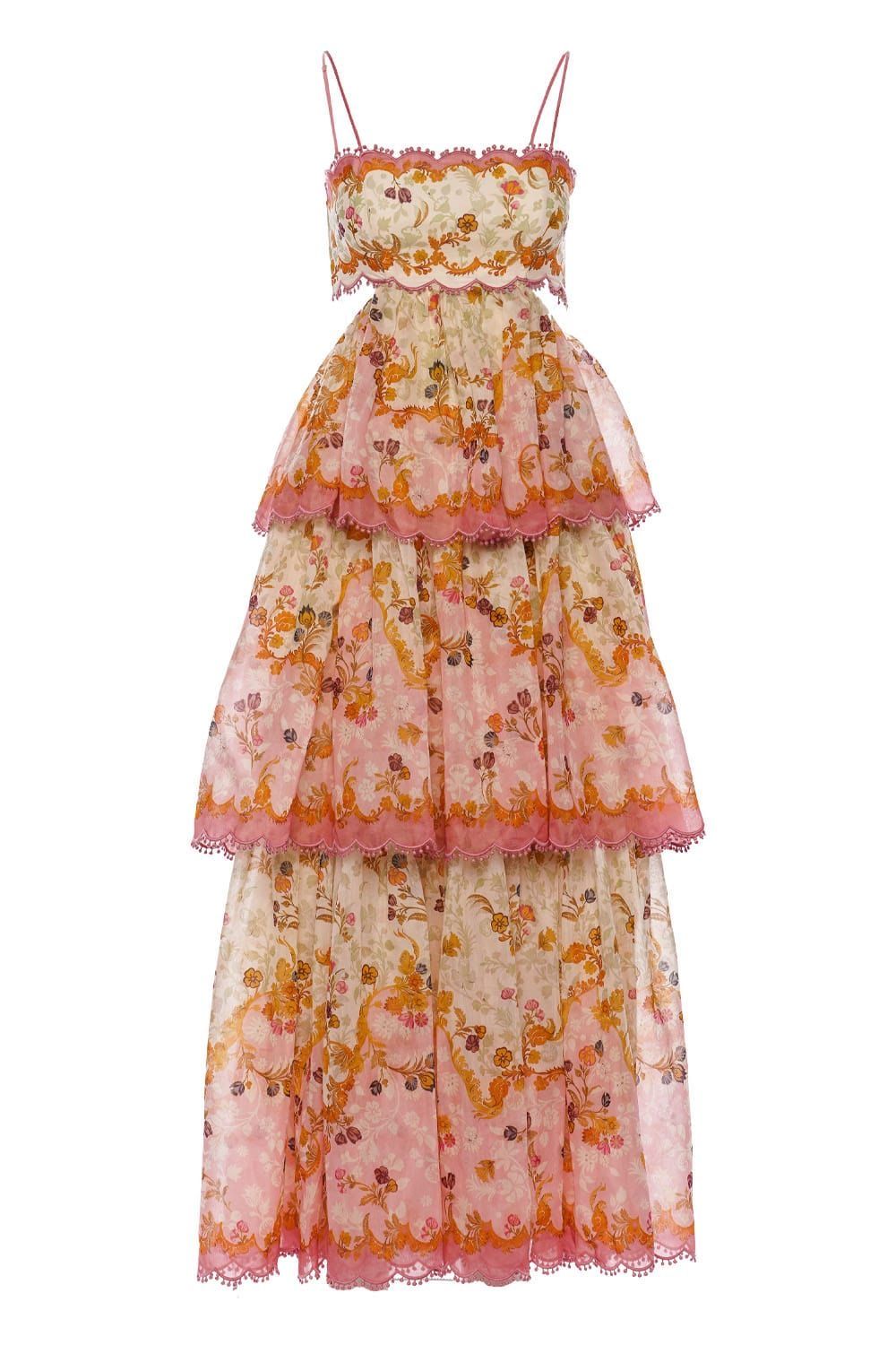 Elegant Spaghetti Straps Floral Print Ruffles Long Prom Dress Party Gowns AB484