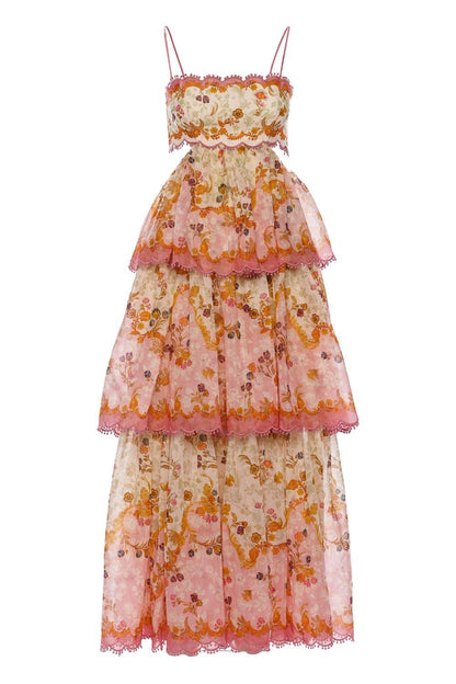 Elegant Spaghetti Straps Floral Print Ruffles Long Prom Dress Party Gowns AB484