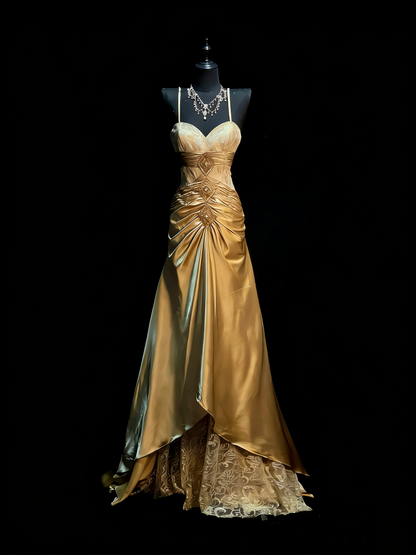 Modest A line Halter Gold Satin College Formal Outfit Long Prom Graduation Dresses For Teens N1182