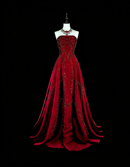 Vintage Prom Dresses A line Strapless Burgundy Tulle With Beaded Bodice Long Party Dress N2377
