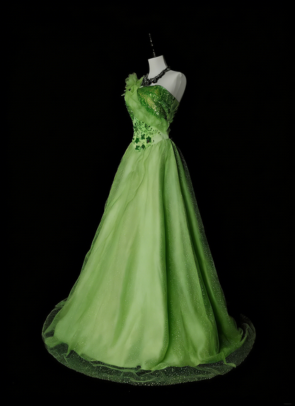 Modest Ball Gown One Shoulder Green Tulle Long Summer For High Schools Prom Dresses Spring Formal Dress N1418