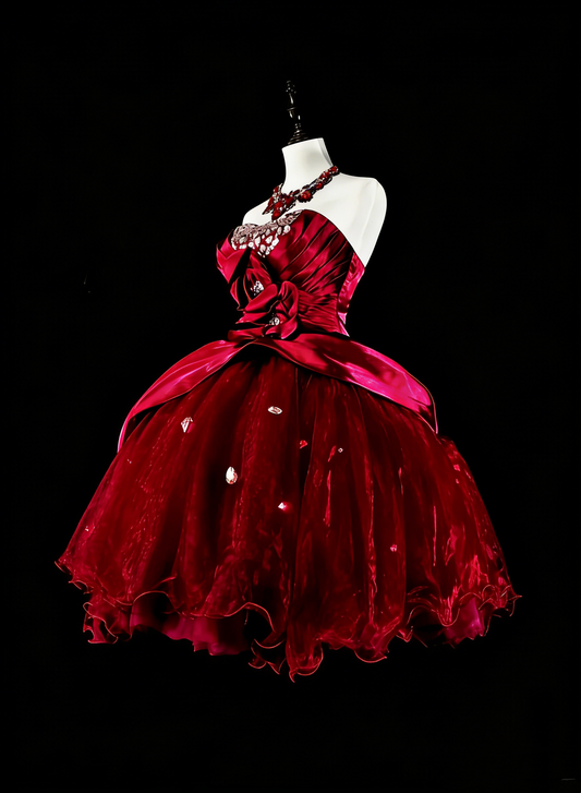 Unique Ball Gown Strapless Burgundy Tulle Mini Short Homecoming Dresses Hoco Gowns N3068