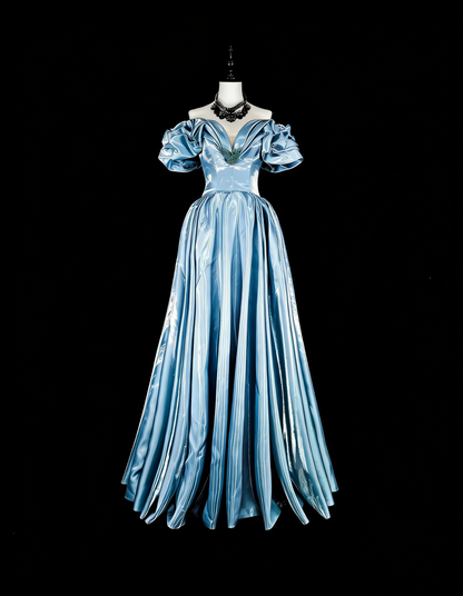Dreamy Prom Dresses Aesthetic 80s Retro Off The Shoulder Light Blue Long Formal Outfits N2363