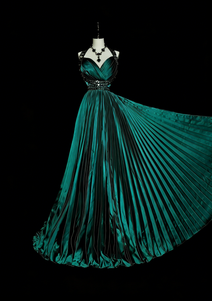 Vintage A line Halter Satin Ruffles Green With Beadings Sleeveless 70s Prom Dresses Long Formal Party Gown N1479