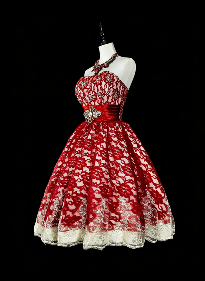 Unique Ball Gown Strapless Lace Red Inspo Vintage Fashion 2000s Hoco Gowns Short Inspo Homecoming Dresses N2010