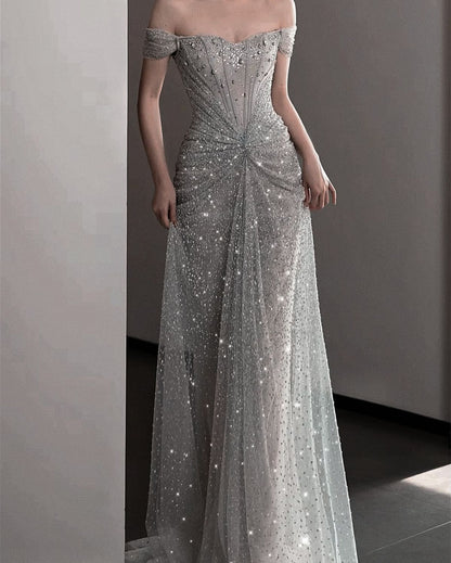 Charming With Short Sleeves Mermaid Silver Sequins Long Prom Dresses With Beadings Party Dress For Women AB1514