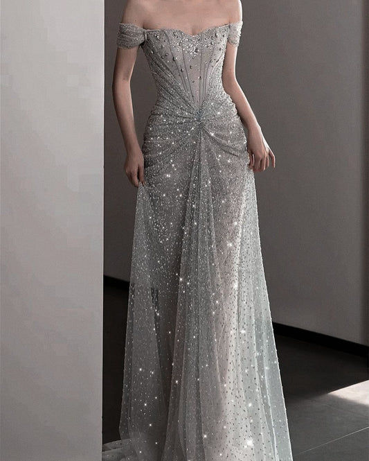 Charming With Short Sleeves Mermaid Silver Sequins Long Prom Dresses With Beadings Party Dress For Women AB1514