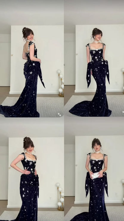 Prom Dress Mermaid Square Navy Blue Vestidos Velvet Floor Length Formal Gown for Women Graduation Party RB9446