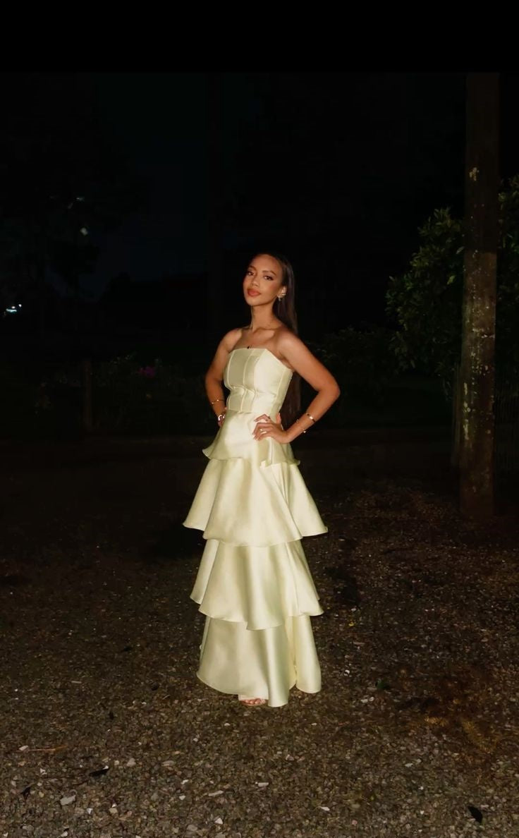 Prom Dress A line Yellow Strapless Satin Floor Length Formal Evening Gown for Graduation Party RB9459