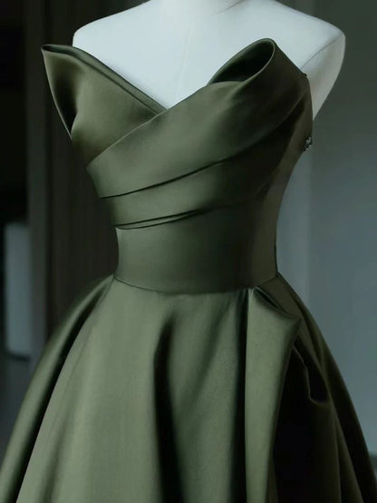 Graceful A line Strapless Green Satin Strapless Pleats Prom Dress Party Gowns AB436