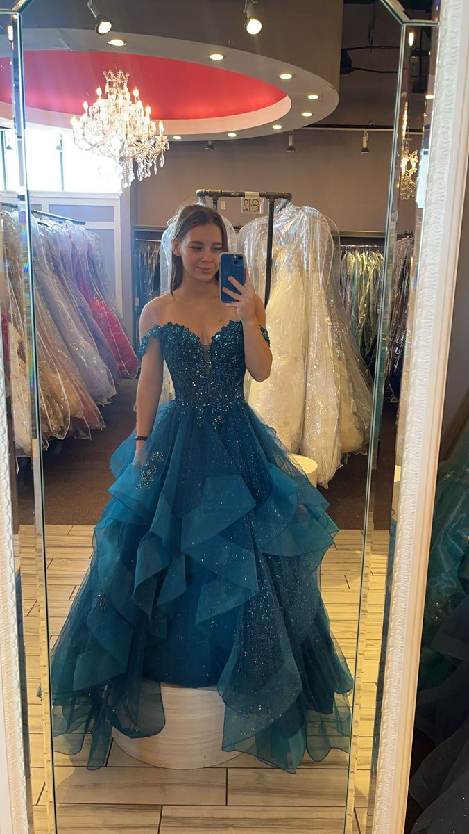 Modest Ball Gown Off The Shoulder Tulle Lace Appliqued Navy Blue Long Prom Dress Evening Formal Gowns AB471