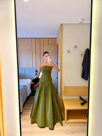 Chic A line Strapless Olive Green Satin Basque Waist Corset Sleeveless Evening Formal Prom Dresses AB452