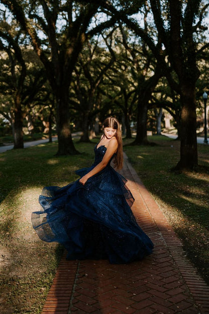 Modest Ball Gown Sweetheart Navy Blue Tulle Long Prom Dress Evening Formal Gowns AB475