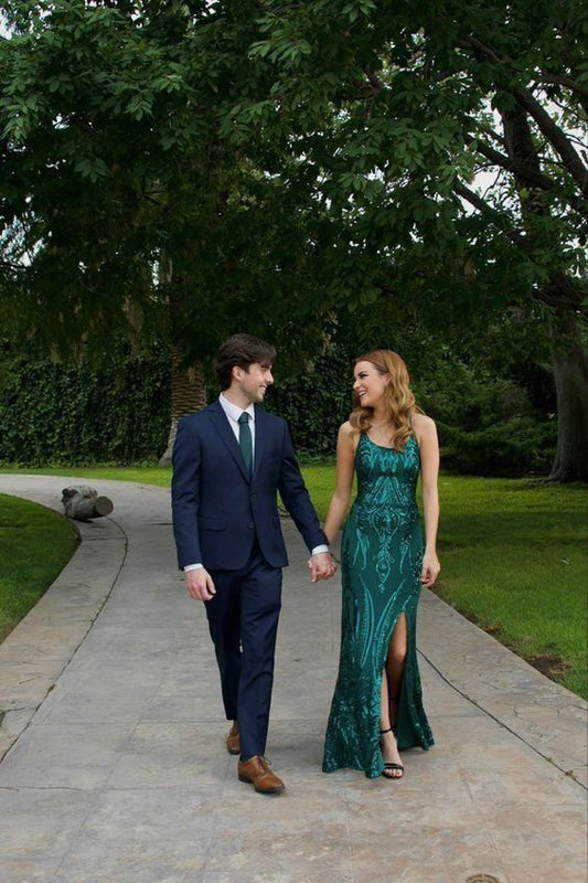 Cute Scoop Neck Dark Green Sequins Mermaid Prom Dress with Slit For Women AB1474