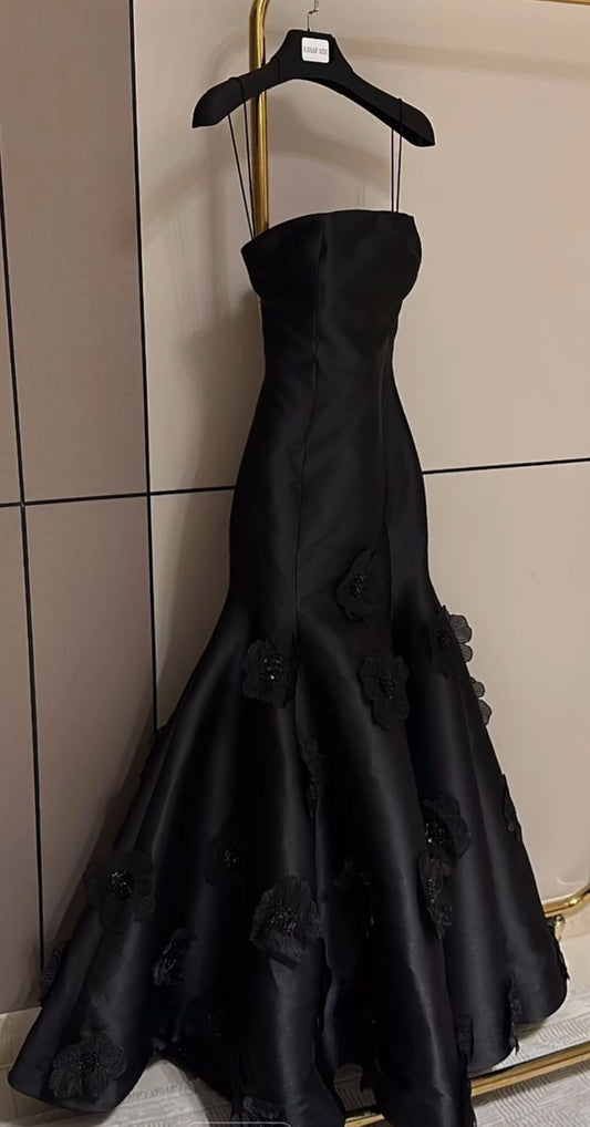 Classy Elegant A Line Strapless Marine Ball Dresses Long Dinner Formal Gowns Black With Flowers Prom Dresses Evening Outfit AB819