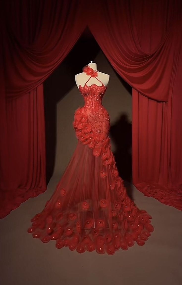 Modest Mermaid Halter Red Tulle Prom Dresses With Flowers Appliques Evening Party Formal Gown 20th Birthday Outfits AB818