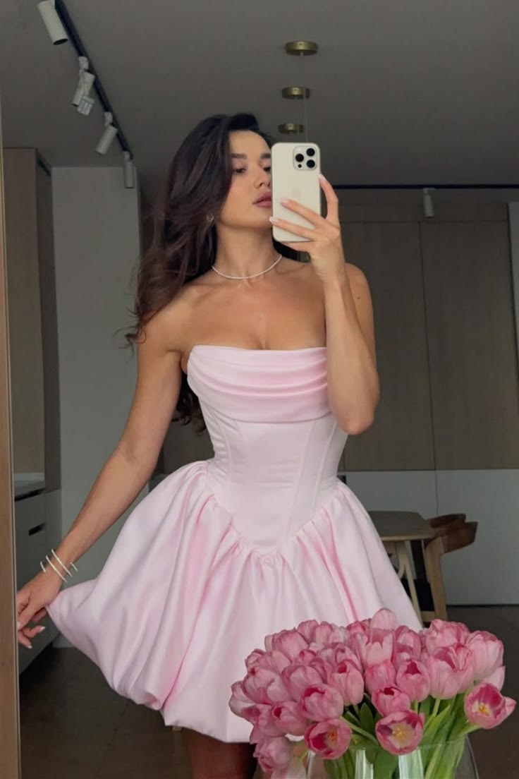 Simple Ball Gown Strapless Pink Sleeveless Mini Senior Inspo Short Homecoming Dresses N4739