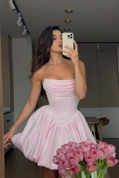 Simple Ball Gown Strapless Pink Sleeveless Mini Senior Inspo Short Homecoming Dresses N4739