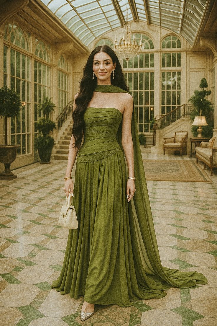Charming A line Strapless Green Inspiration Sleeveless Long Prom Dresses Wedding Guest Dress Prom Gowns AB262